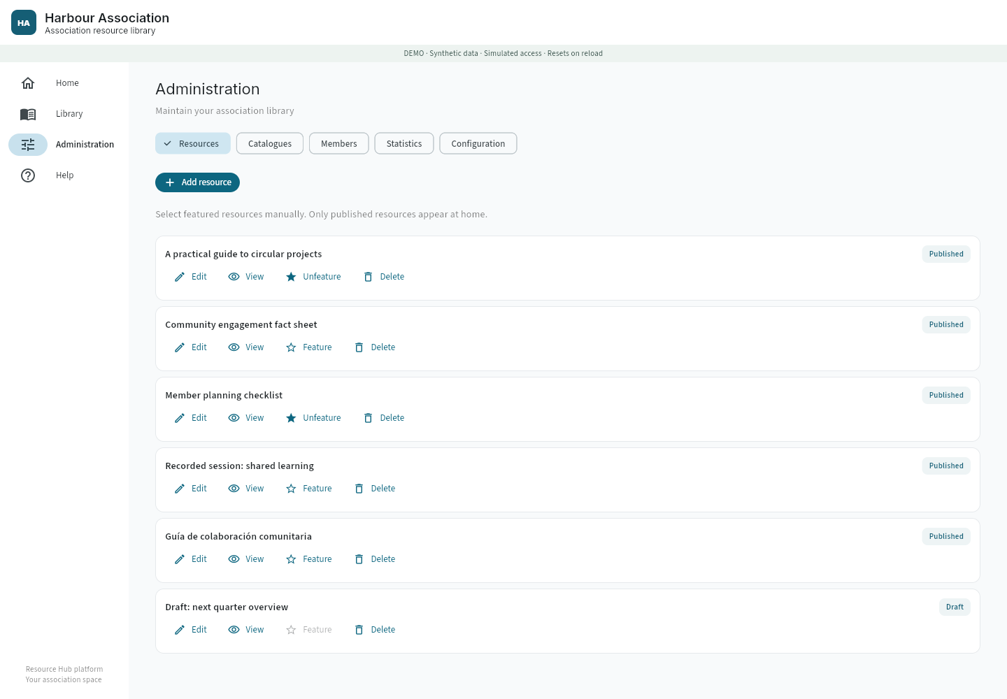 The working Harbour Association web administration panel showing published resources, edit and feature controls, and administration sections